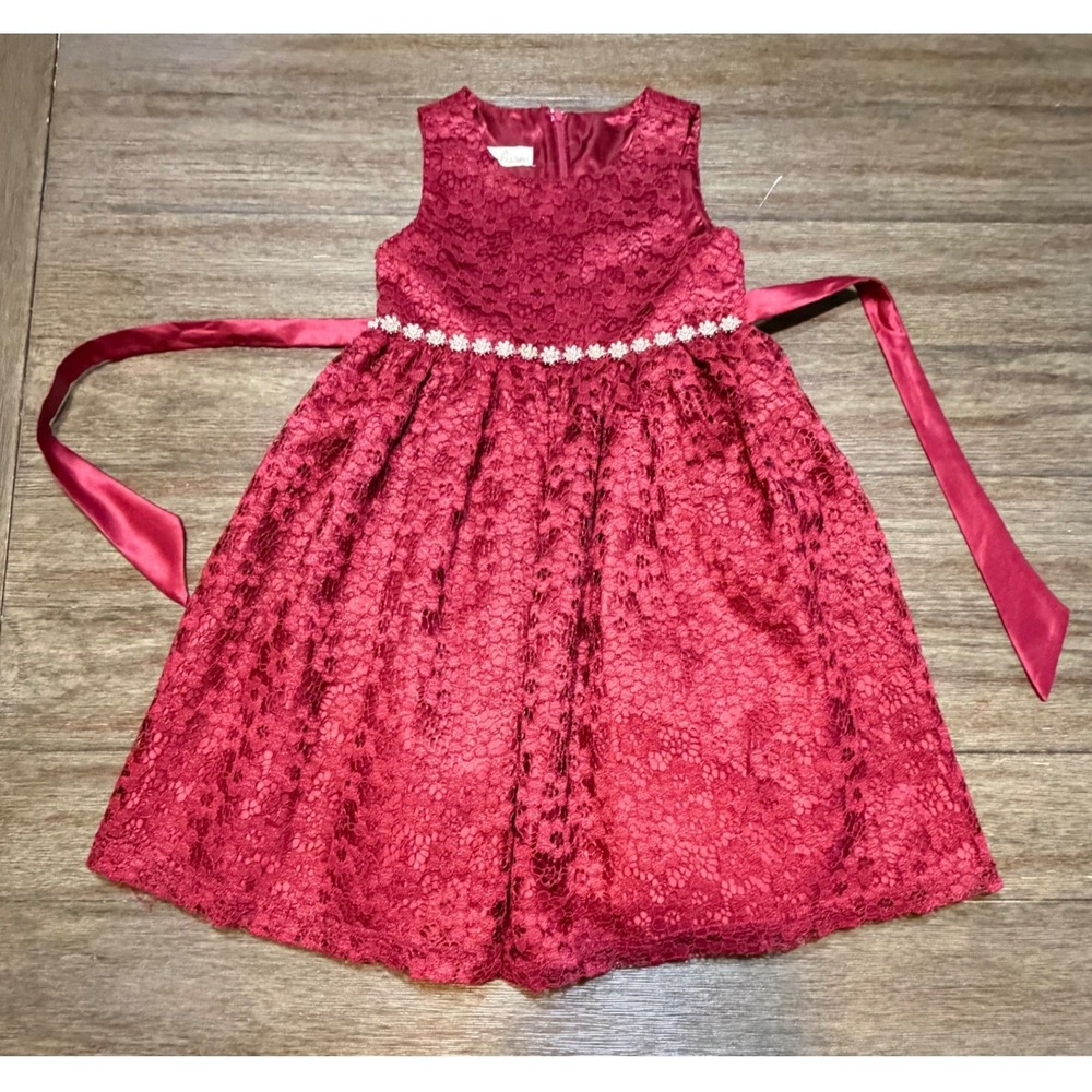 American Princess Burgundy Lace Dress Girls 6 Sleeveless‎ Pearl Waist Holiday